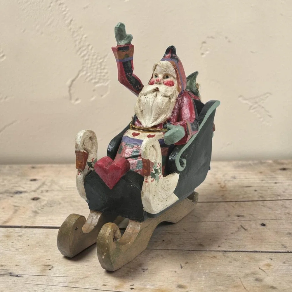 Vtg 1989 House of Hatten Santa in Sleigh Figurine Denise Calla Paper Mache 9 in